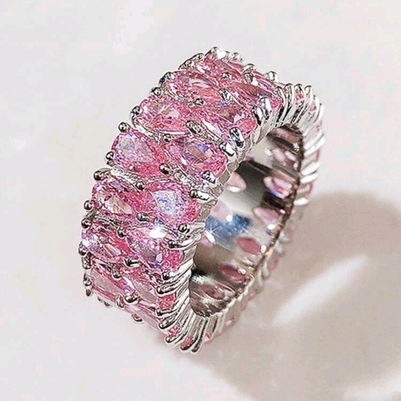 Jewelry - Silver Pear Waterdrop Cut Romantic Pink Cubic Zirconia Ring Sz 8